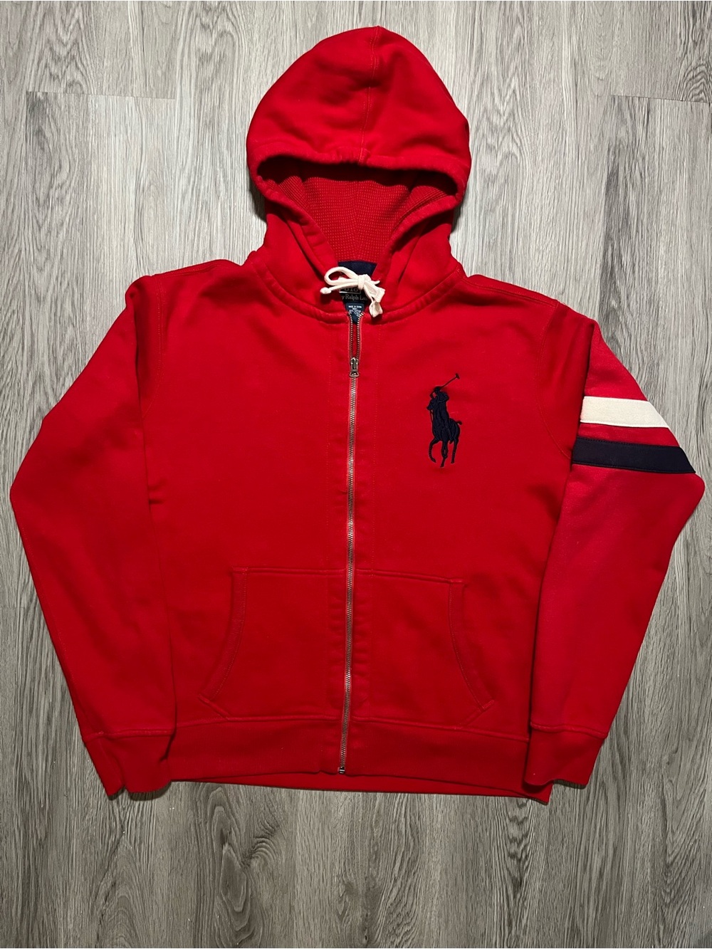 Y2k Polo Ralph Lauren big pony full zip hoodie red navy stripe large vintage